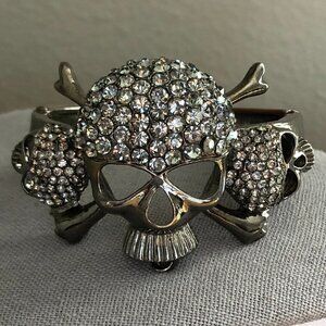 Skeleton Skull & Crossbones Crystal Hinge Cuff Bracelet - Dark Academia Goth